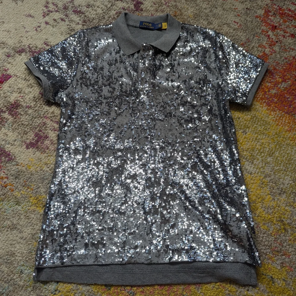 NEW Polo Ralph Lauren Silver Sequin Polo Shirt Size Small - Picture 2 of 6